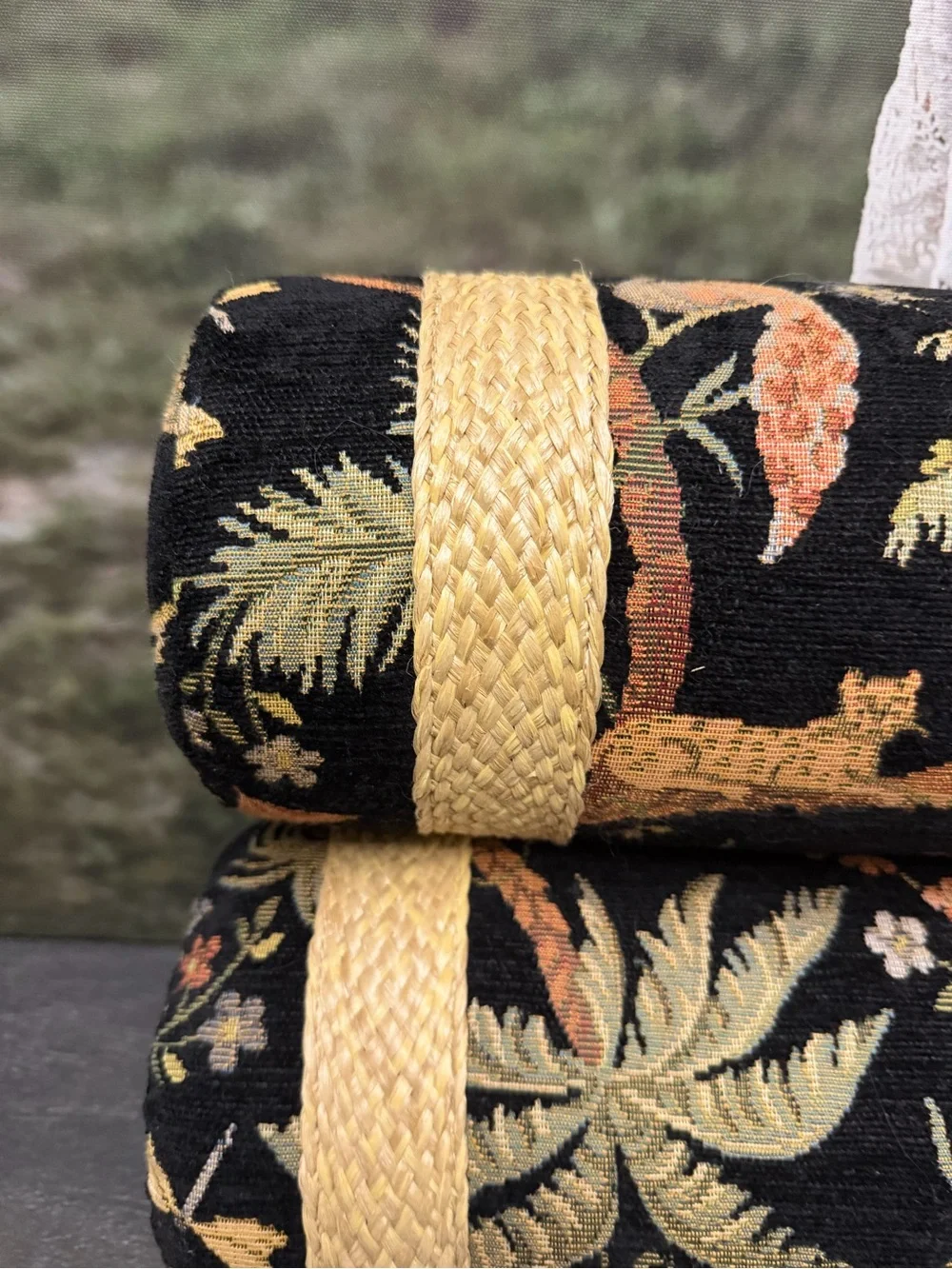 Set of Bolsters NWT Black Tropical Palm Jacquard Pillows